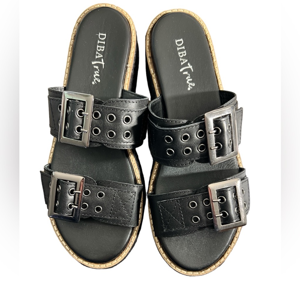 DIBA True, NWT Derby Shoe Black leather with buckles, espadrille sandal. Size9.5